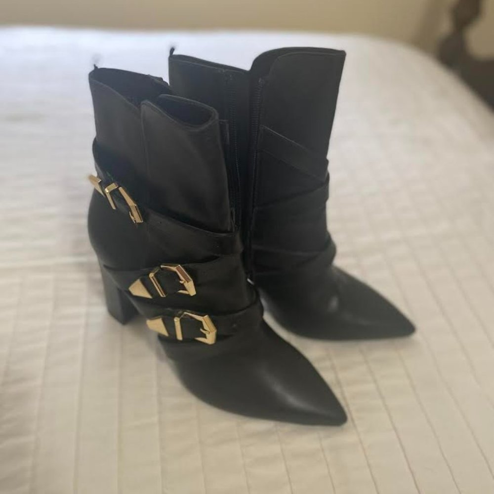 Black Mid-Calf Boots with Gold Buckles - NEVER WORN.  Size 8.